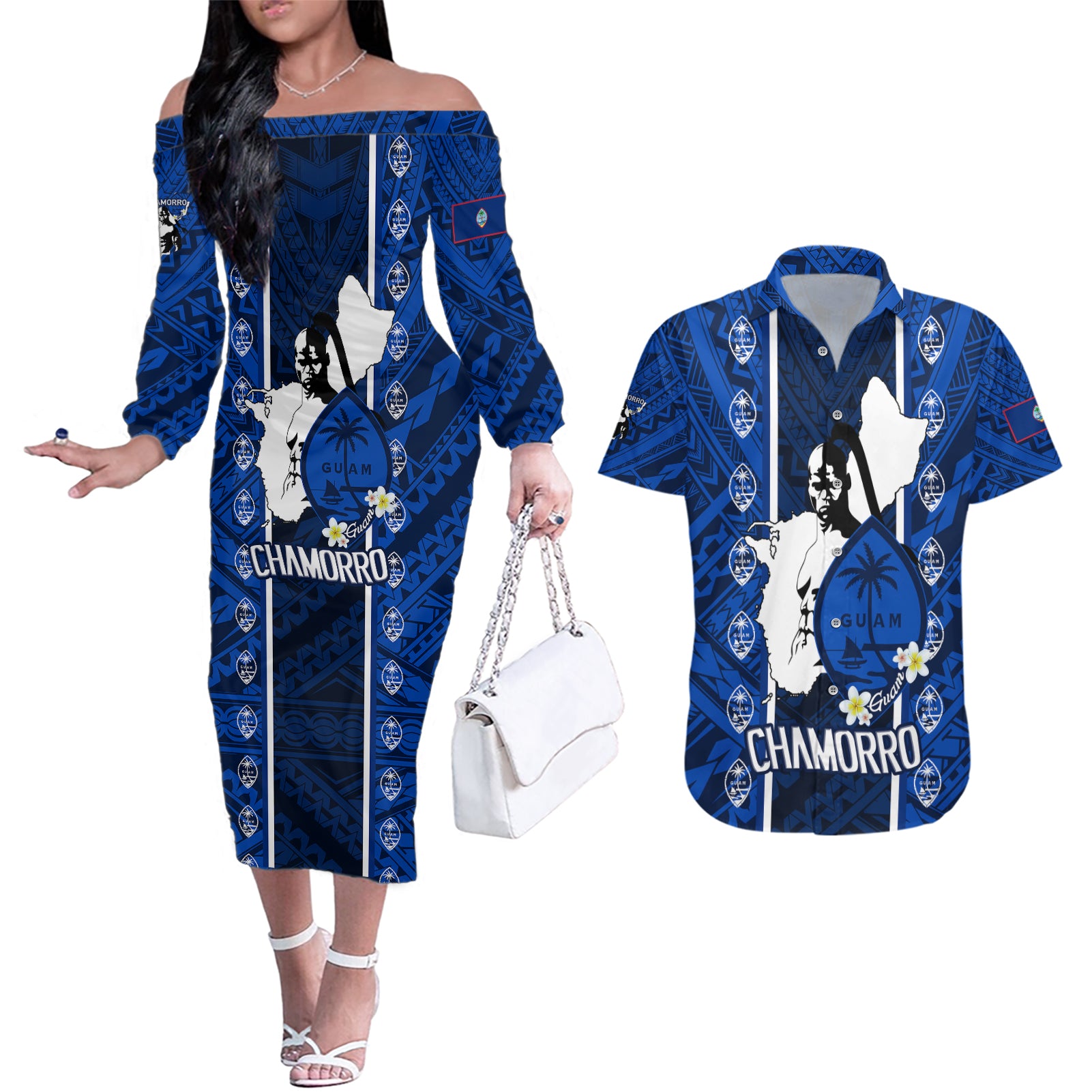 guam-chamorro-warrior-couples-matching-off-the-shoulder-long-sleeve-dress-and-hawaiian-shirt-traditional-tribal-patterns