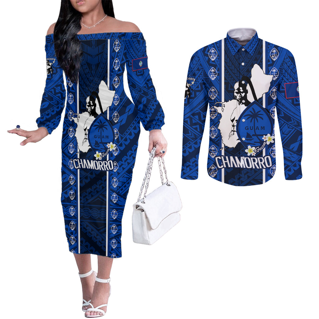 guam-chamorro-warrior-couples-matching-off-the-shoulder-long-sleeve-dress-and-long-sleeve-button-shirts-traditional-tribal-patterns