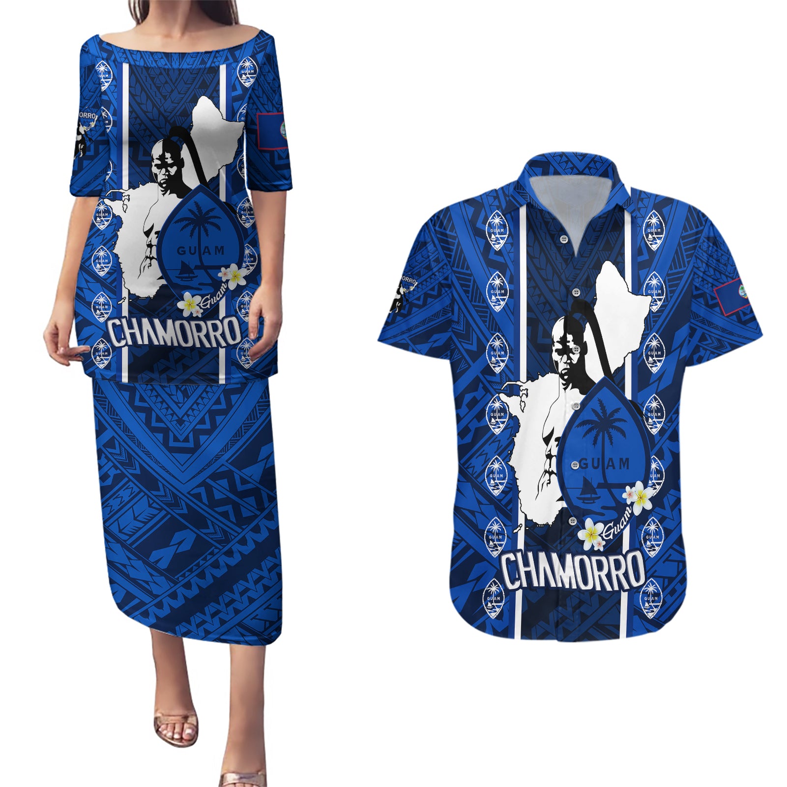 guam-chamorro-warrior-couples-matching-puletasi-dress-and-hawaiian-shirt-traditional-tribal-patterns