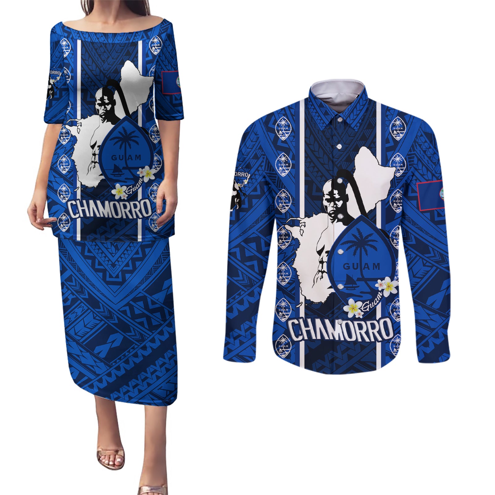 guam-chamorro-warrior-couples-matching-puletasi-dress-and-long-sleeve-button-shirts-traditional-tribal-patterns