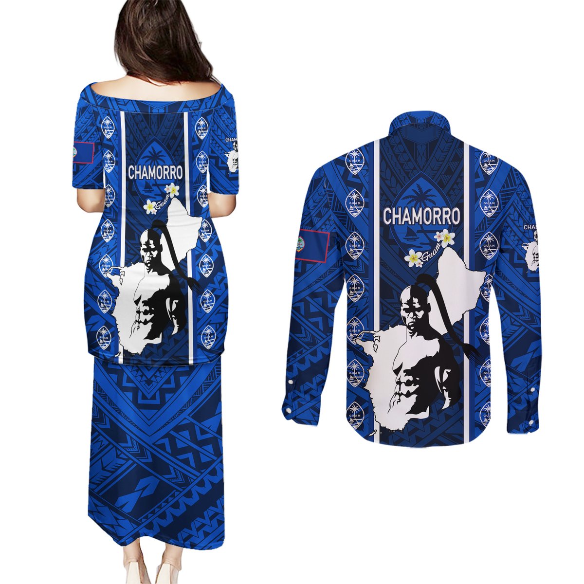 guam-chamorro-warrior-couples-matching-puletasi-dress-and-long-sleeve-button-shirts-traditional-tribal-patterns