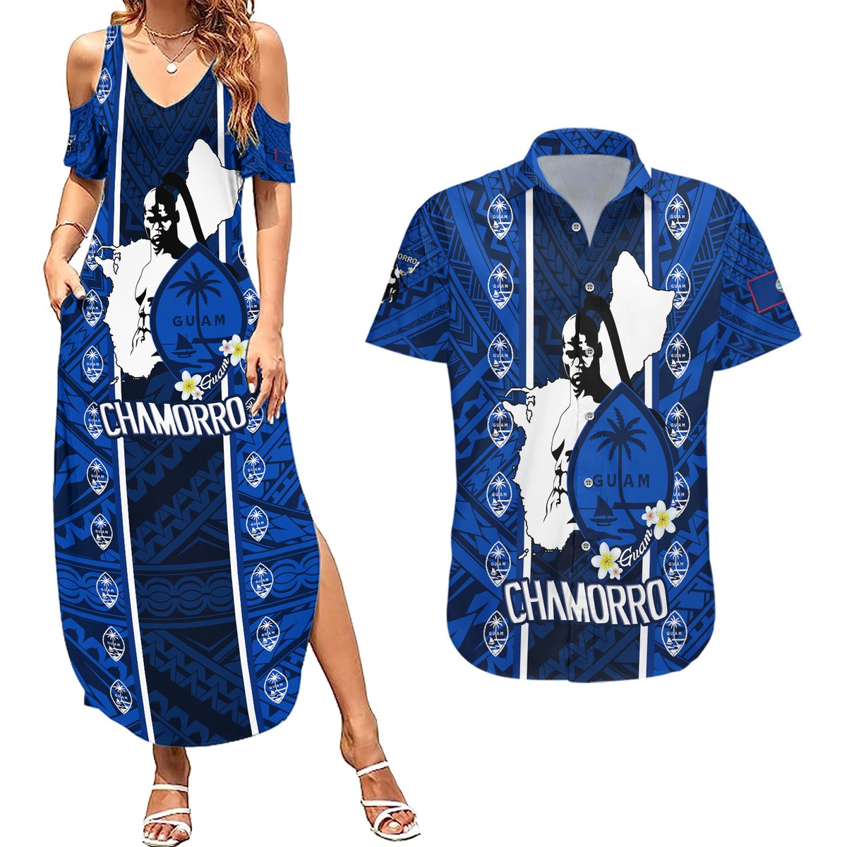 guam-chamorro-warrior-couples-matching-summer-maxi-dress-and-hawaiian-shirt-traditional-tribal-patterns