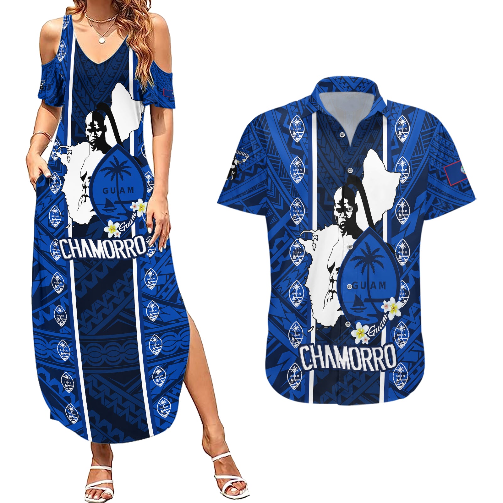 guam-chamorro-warrior-couples-matching-summer-maxi-dress-and-hawaiian-shirt-traditional-tribal-patterns