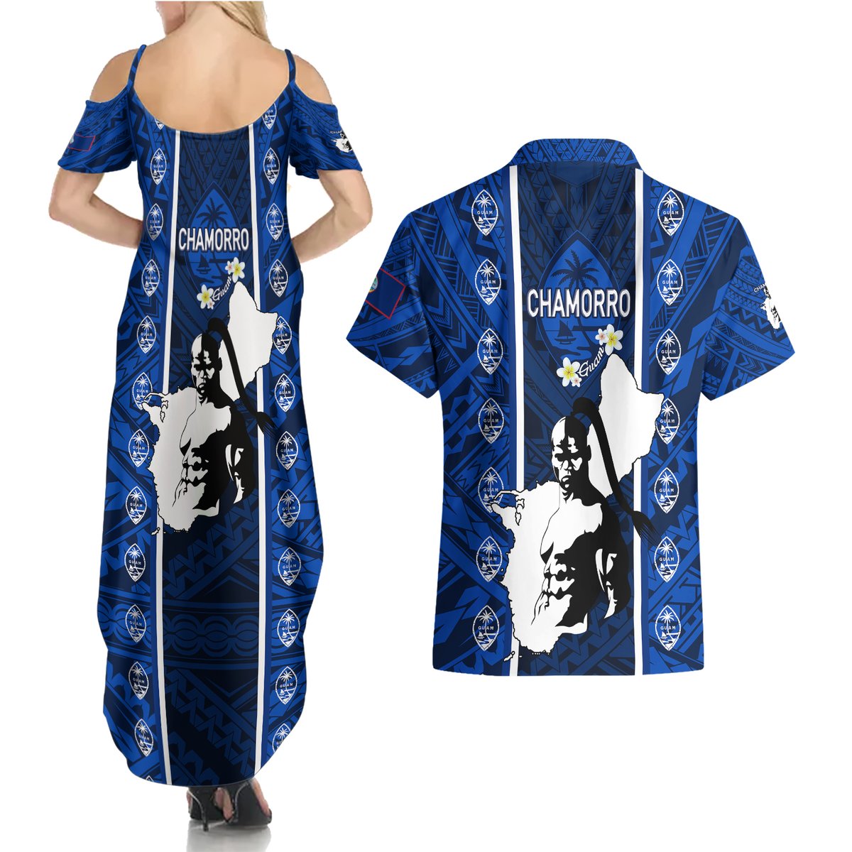 guam-chamorro-warrior-couples-matching-summer-maxi-dress-and-hawaiian-shirt-traditional-tribal-patterns