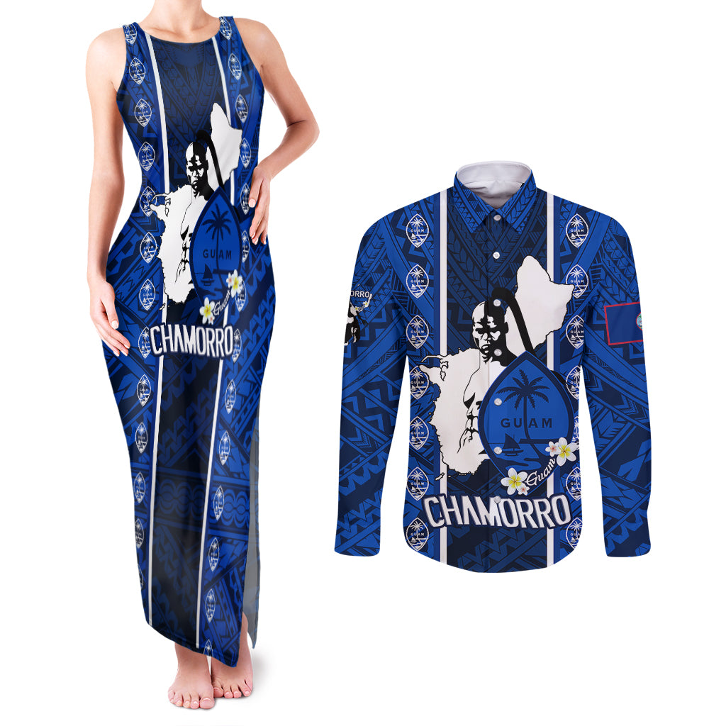 guam-chamorro-warrior-couples-matching-tank-maxi-dress-and-long-sleeve-button-shirts-traditional-tribal-patterns