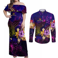 Wallis and Futuna Couples Matching Off Shoulder Maxi Dress and Long Sleeve Button Shirt Whale Hibiscus Polynesian