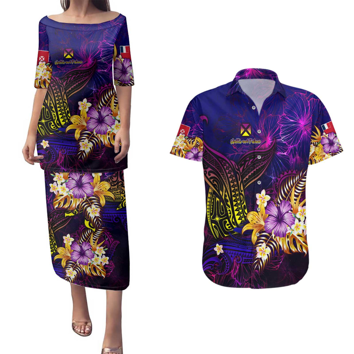Wallis and Futuna Couples Matching Puletasi and Hawaiian Shirt Whale Hibiscus Polynesian