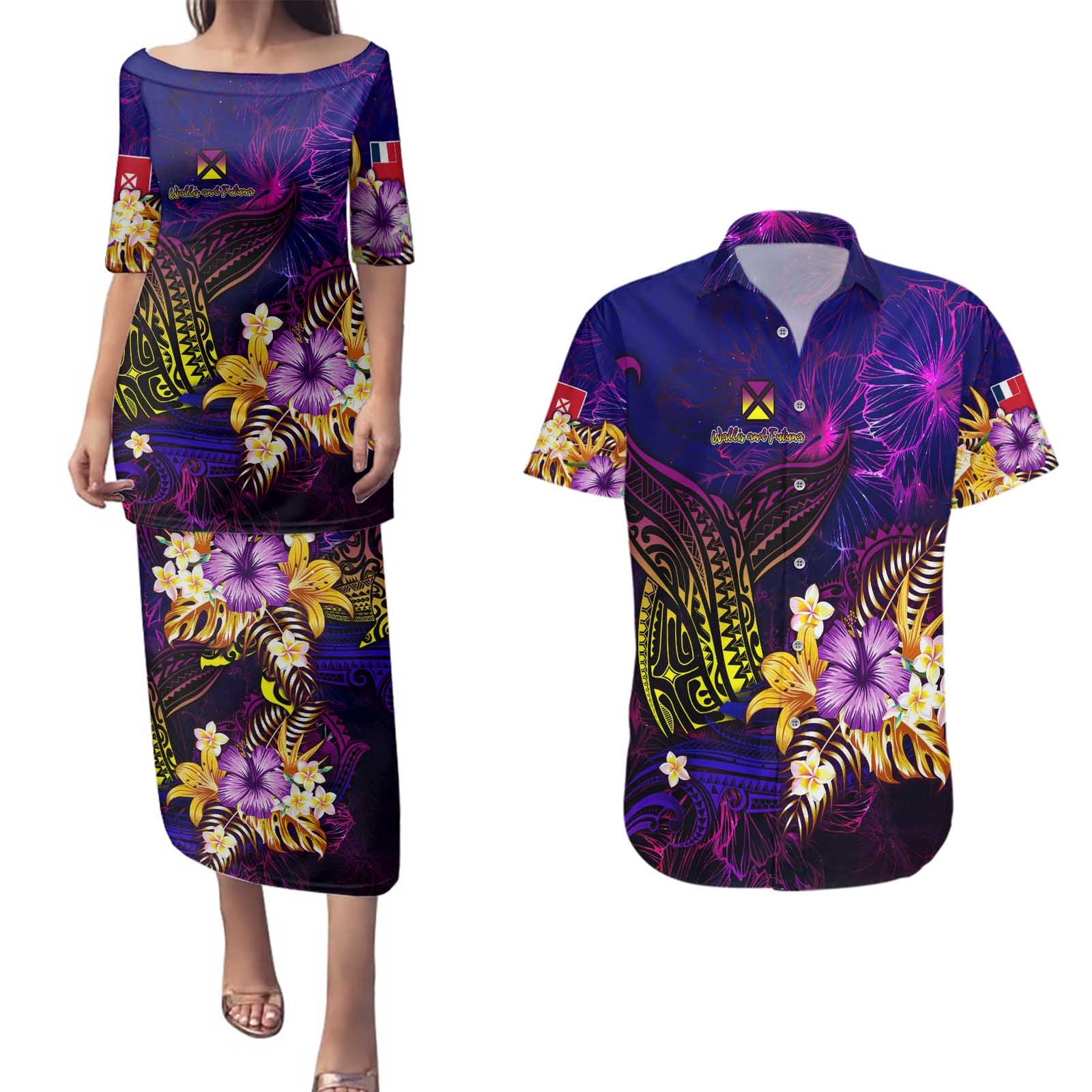 Wallis and Futuna Couples Matching Puletasi and Hawaiian Shirt Whale Hibiscus Polynesian