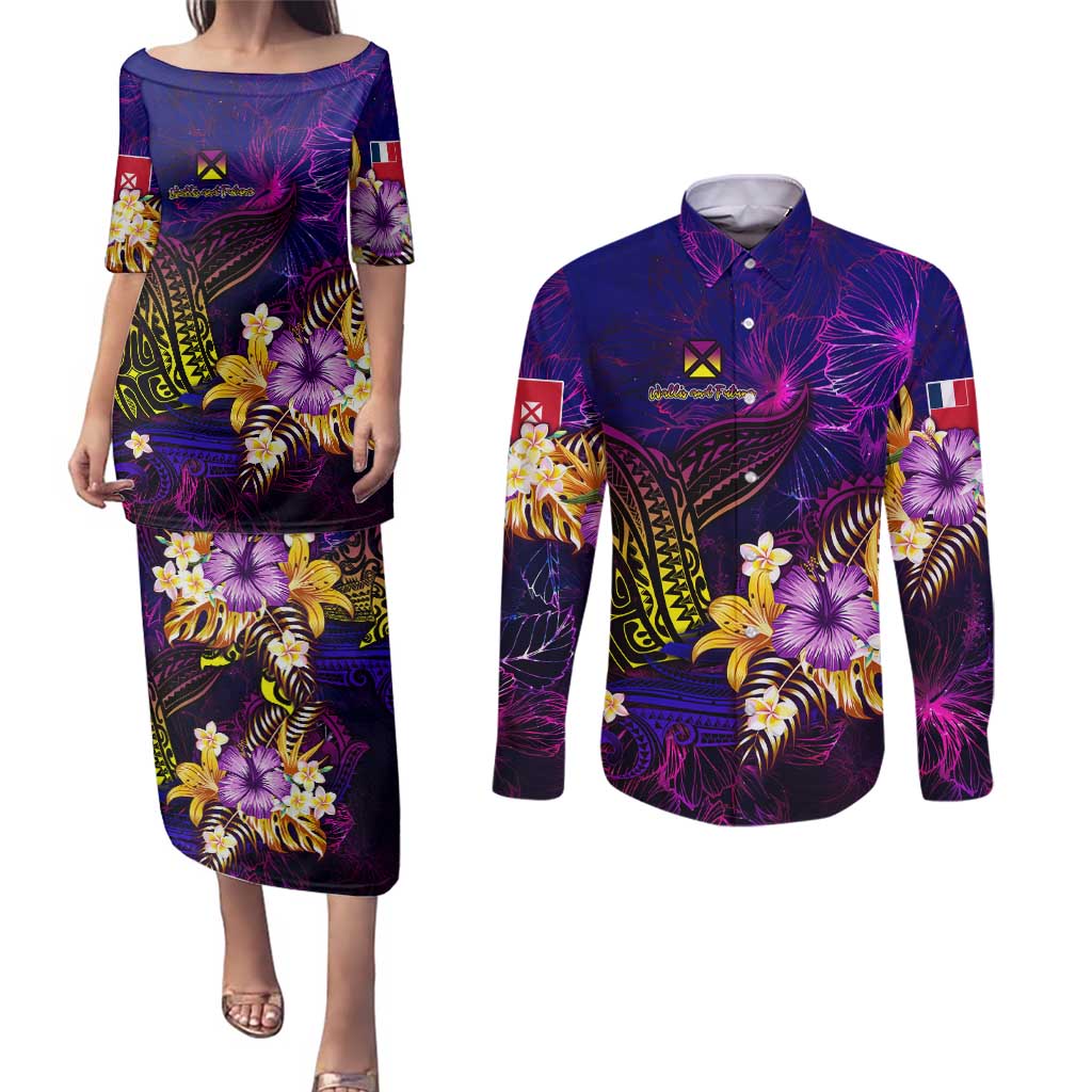 Wallis and Futuna Couples Matching Puletasi and Long Sleeve Button Shirt Whale Hibiscus Polynesian