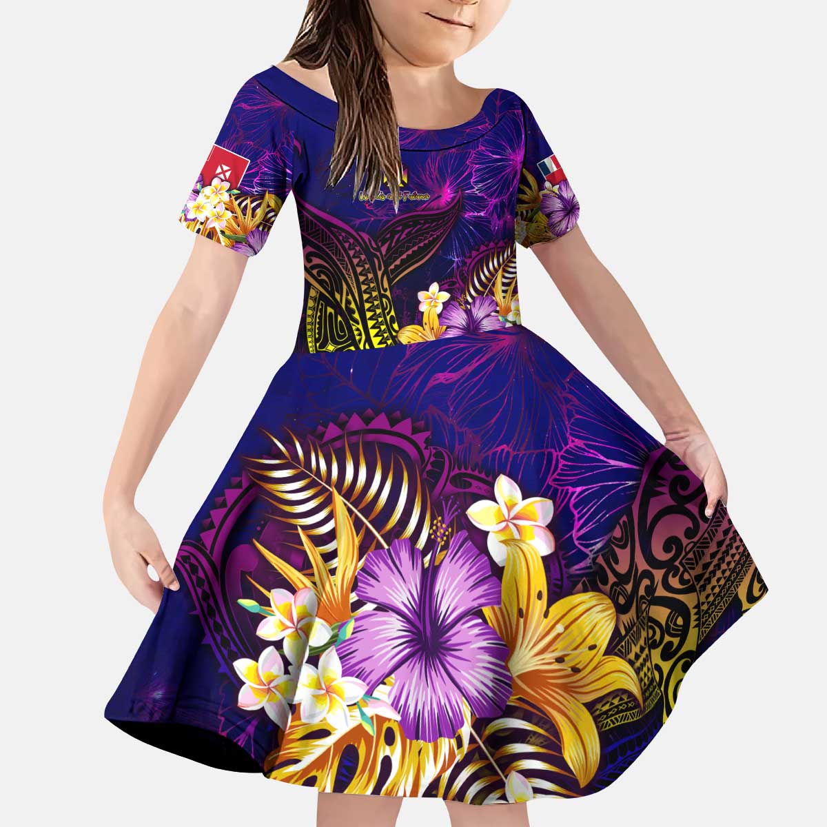 Wallis and Futuna Kid Short Sleeve Dress Whale Hibiscus Polynesian