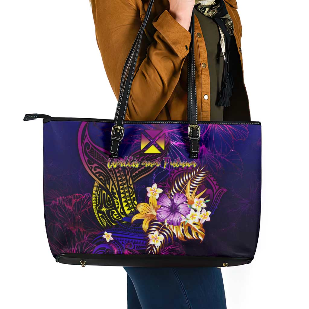 Wallis and Futuna Leather Tote Bag Whale Hibiscus Polynesian