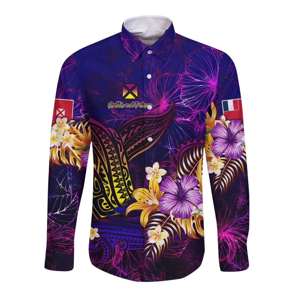 Wallis and Futuna Long Sleeve Button Shirt Whale Hibiscus Polynesian
