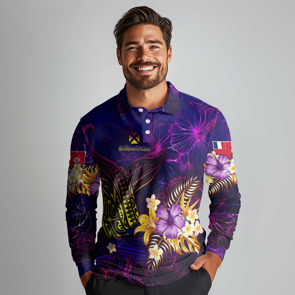 Wallis and Futuna Long Sleeve Polo Shirt Whale Hibiscus Polynesian