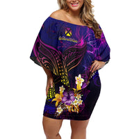 Wallis and Futuna Off Shoulder Short Dress Whale Hibiscus Polynesian DT02 Women Purple - Polynesian Pride