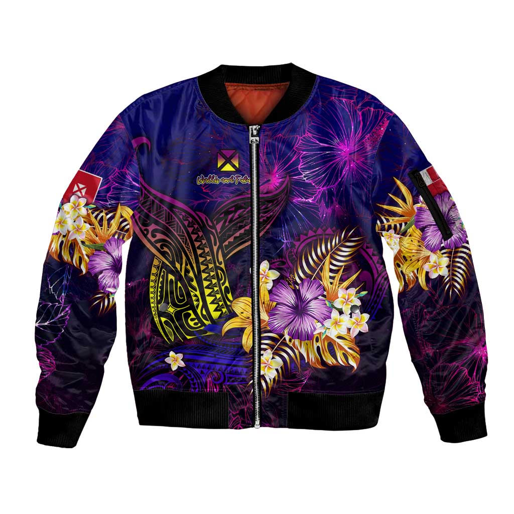 Wallis and Futuna Sleeve Zip Bomber Jacket Whale Hibiscus Polynesian
