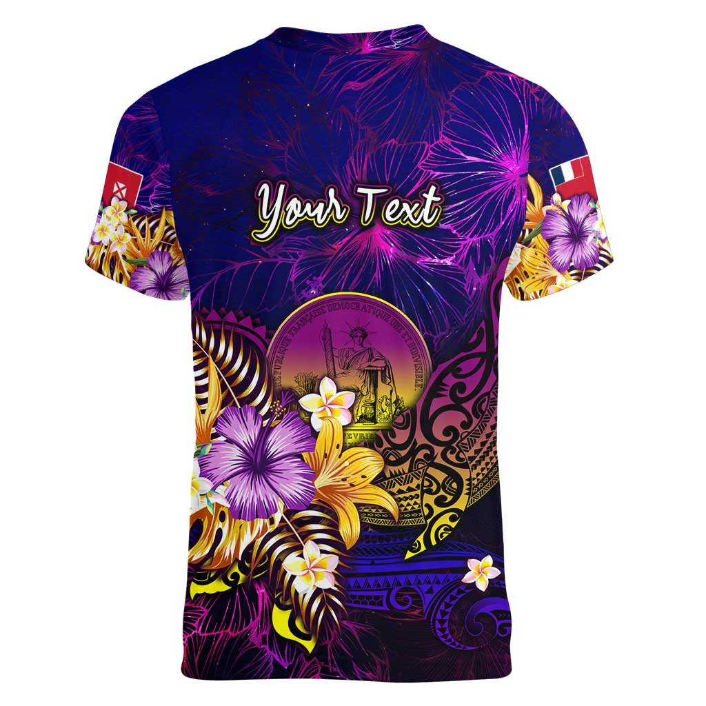 Wallis and Futuna Women V-Neck T-Shirt Whale Hibiscus Polynesian