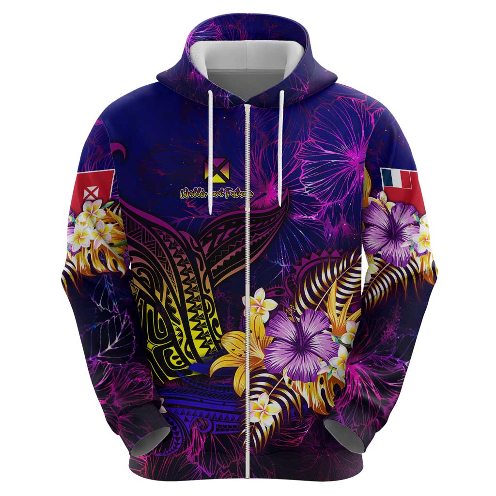 Wallis and Futuna Zip Hoodie Whale Hibiscus Polynesian