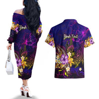 New Caledonia Couples Matching Off The Shoulder Long Sleeve Dress and Hawaiian Shirt Whale Hibiscus Polynesian