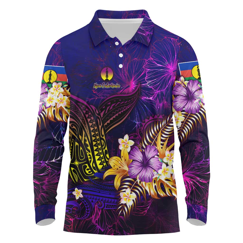 New Caledonia Long Sleeve Polo Shirt Whale Hibiscus Polynesian
