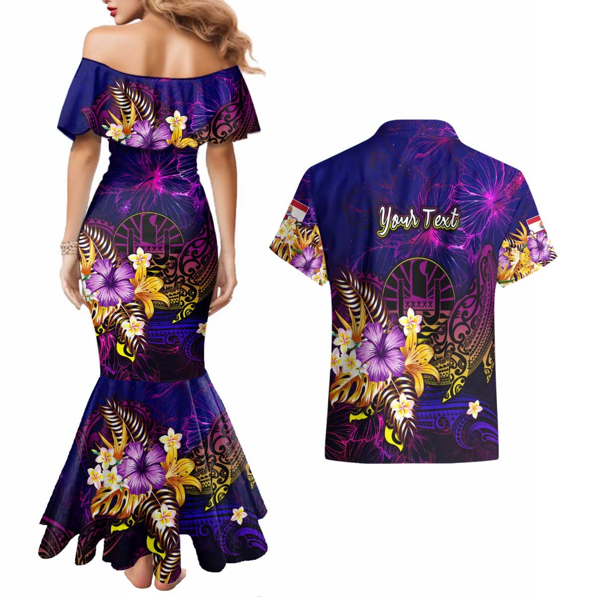 Tahiti French Polynesia Couples Matching Mermaid Dress and Hawaiian Shirt Whale Hibiscus Polynesian