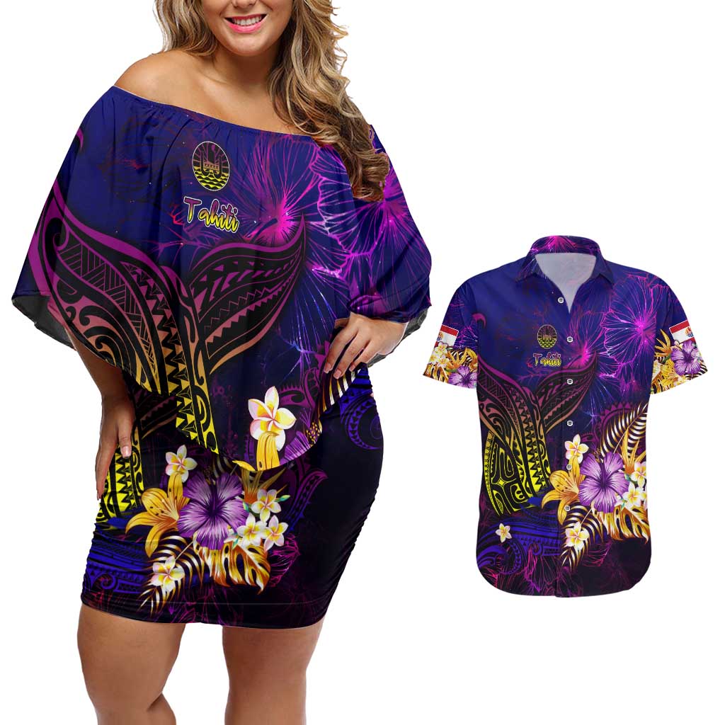 Tahiti French Polynesia Couples Matching Off Shoulder Short Dress and Hawaiian Shirt Whale Hibiscus Polynesian