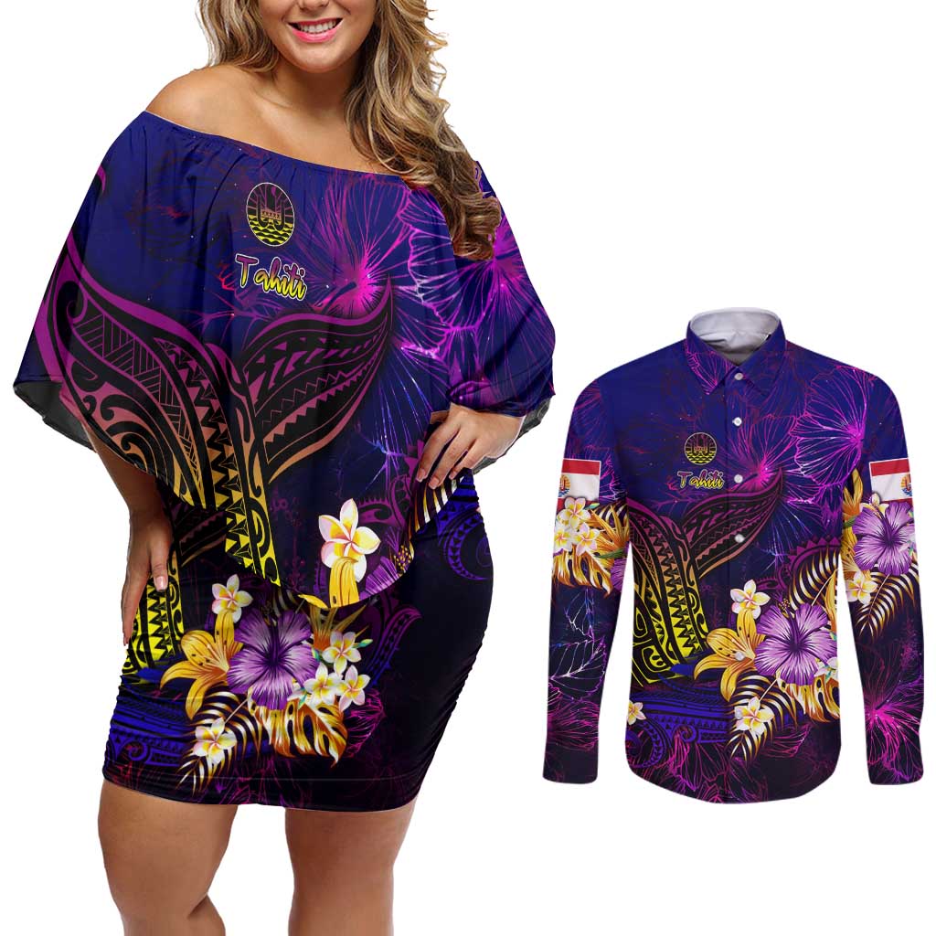 Tahiti French Polynesia Couples Matching Off Shoulder Short Dress and Long Sleeve Button Shirt Whale Hibiscus Polynesian