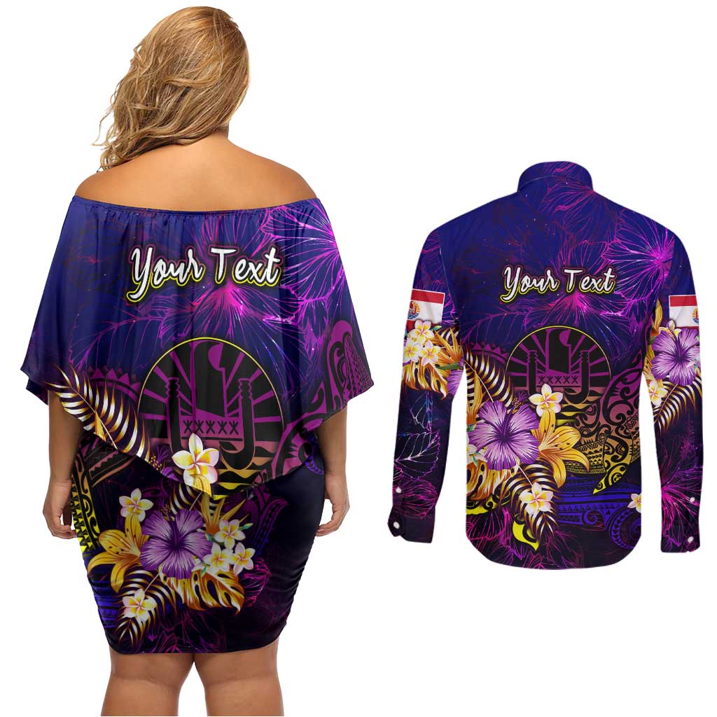 Tahiti French Polynesia Couples Matching Off Shoulder Short Dress and Long Sleeve Button Shirt Whale Hibiscus Polynesian