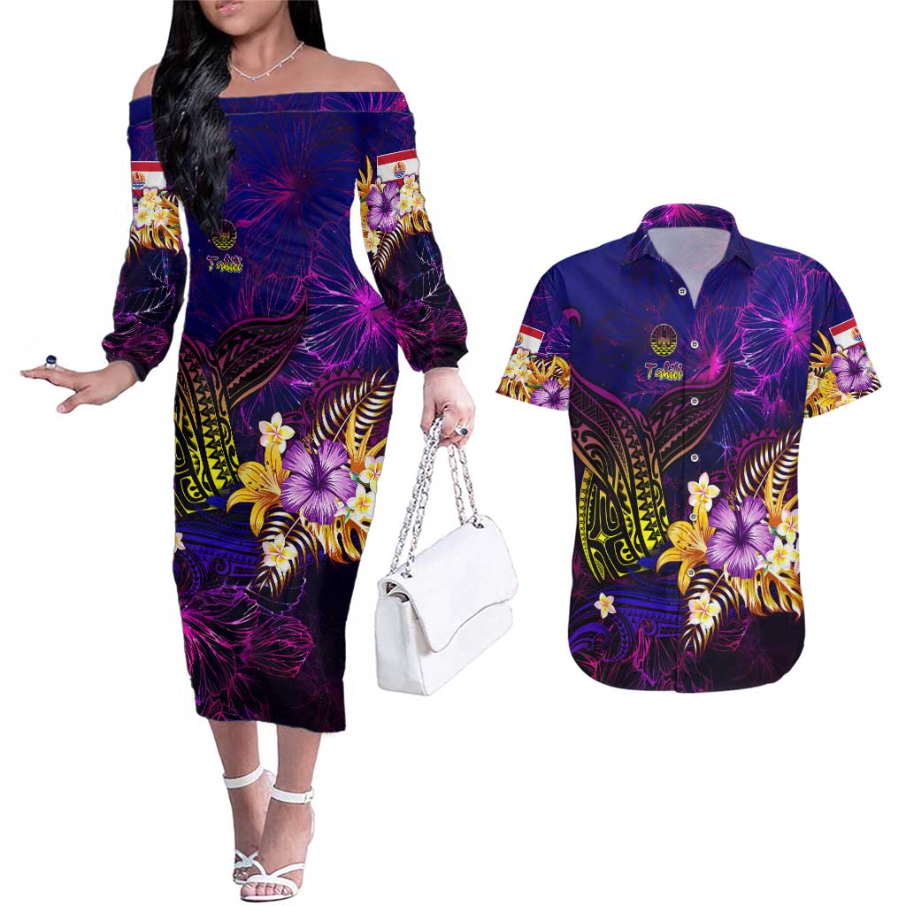 Tahiti French Polynesia Couples Matching Off The Shoulder Long Sleeve Dress and Hawaiian Shirt Whale Hibiscus Polynesian