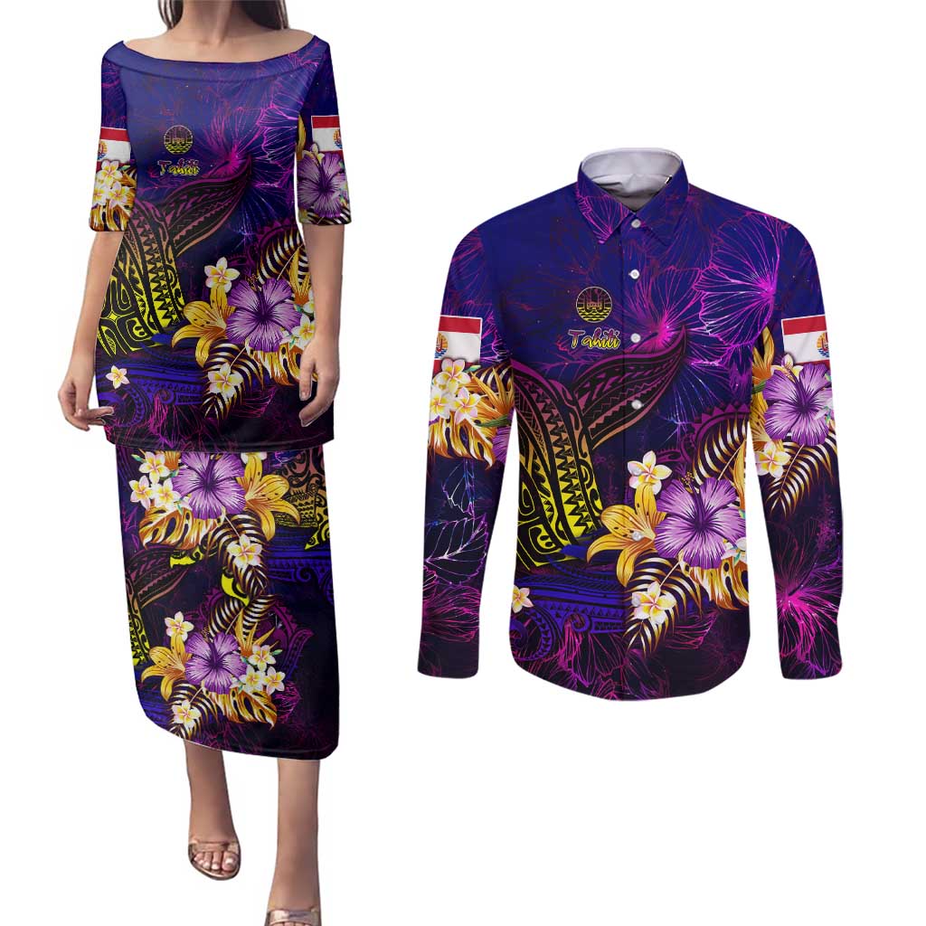 Tahiti French Polynesia Couples Matching Puletasi and Long Sleeve Button Shirt Whale Hibiscus Polynesian