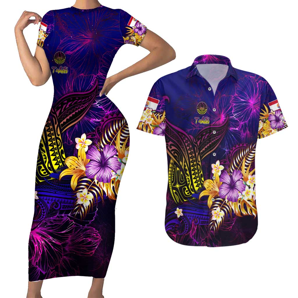 Tahiti French Polynesia Couples Matching Short Sleeve Bodycon Dress and Hawaiian Shirt Whale Hibiscus Polynesian