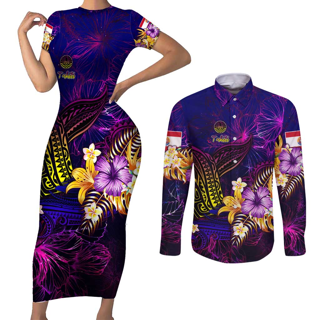 Tahiti French Polynesia Couples Matching Short Sleeve Bodycon Dress and Long Sleeve Button Shirt Whale Hibiscus Polynesian