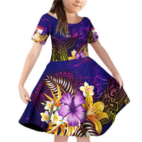 Tahiti French Polynesia Family Matching Off Shoulder Short Dress and Hawaiian Shirt Whale Hibiscus Polynesian DT02 Daughter's Dress Purple - Polynesian Pride