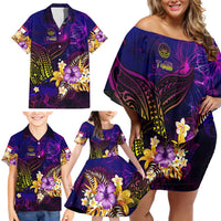 Tahiti French Polynesia Family Matching Off Shoulder Short Dress and Hawaiian Shirt Whale Hibiscus Polynesian DT02 - Polynesian Pride