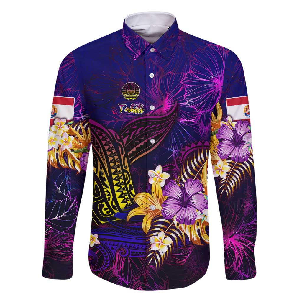 Tahiti French Polynesia Family Matching Off Shoulder Short Dress and Hawaiian Shirt Whale Hibiscus Polynesian DT02 Dad's Shirt - Long Sleeve Purple - Polynesian Pride