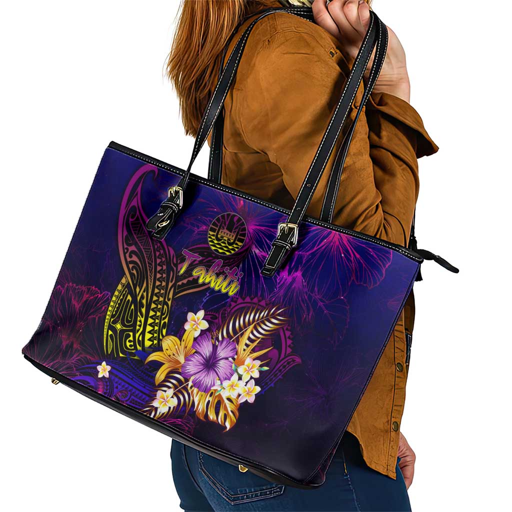 Tahiti French Polynesia Leather Tote Bag Whale Hibiscus Polynesian