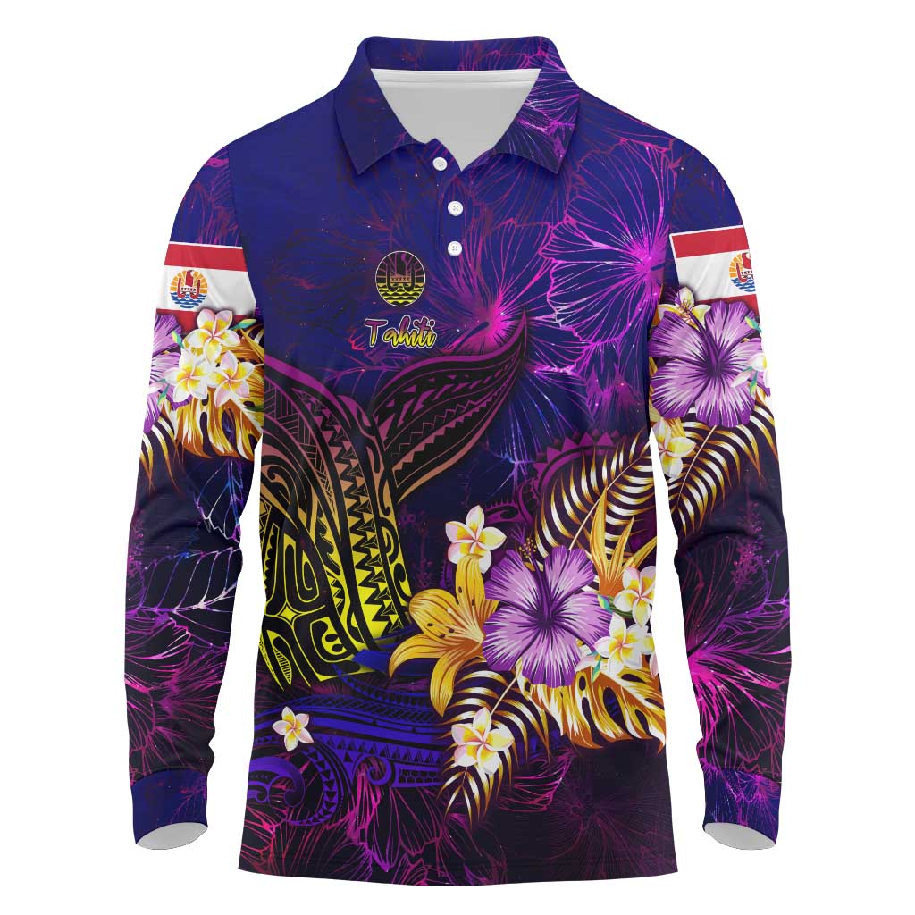 Tahiti French Polynesia Long Sleeve Polo Shirt Whale Hibiscus Polynesian