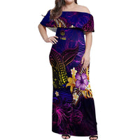 Tahiti French Polynesia Off Shoulder Maxi Dress Whale Hibiscus Polynesian DT02 Women Purple - Polynesian Pride