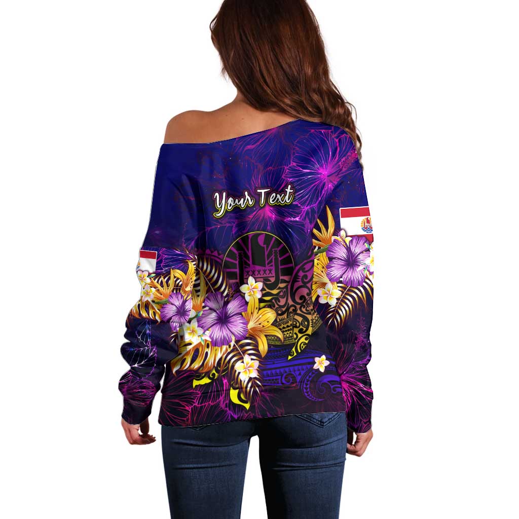 Tahiti French Polynesia Off Shoulder Sweater Whale Hibiscus Polynesian
