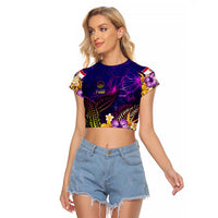 Tahiti French Polynesia Raglan Cropped T Shirt Whale Hibiscus Polynesian DT02 Female Purple - Polynesian Pride