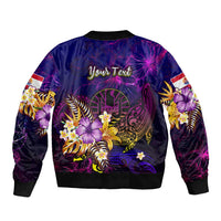 Tahiti French Polynesia Sleeve Zip Bomber Jacket Whale Hibiscus Polynesian