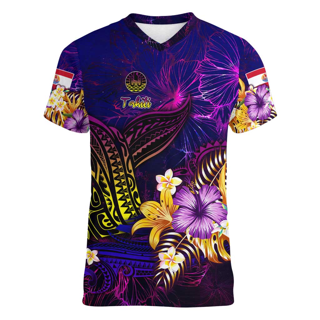 Tahiti French Polynesia Women V-Neck T-Shirt Whale Hibiscus Polynesian