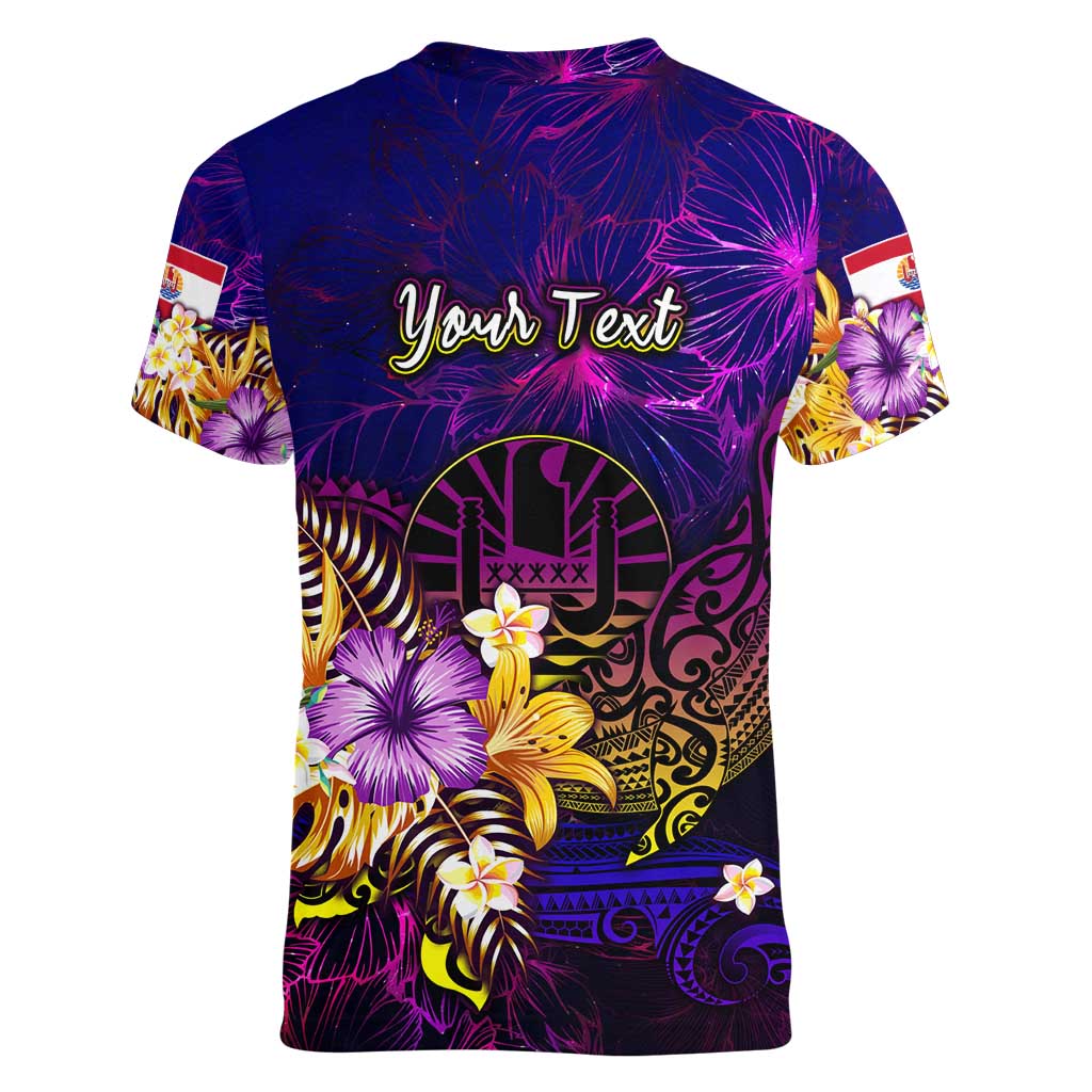 Tahiti French Polynesia Women V-Neck T-Shirt Whale Hibiscus Polynesian