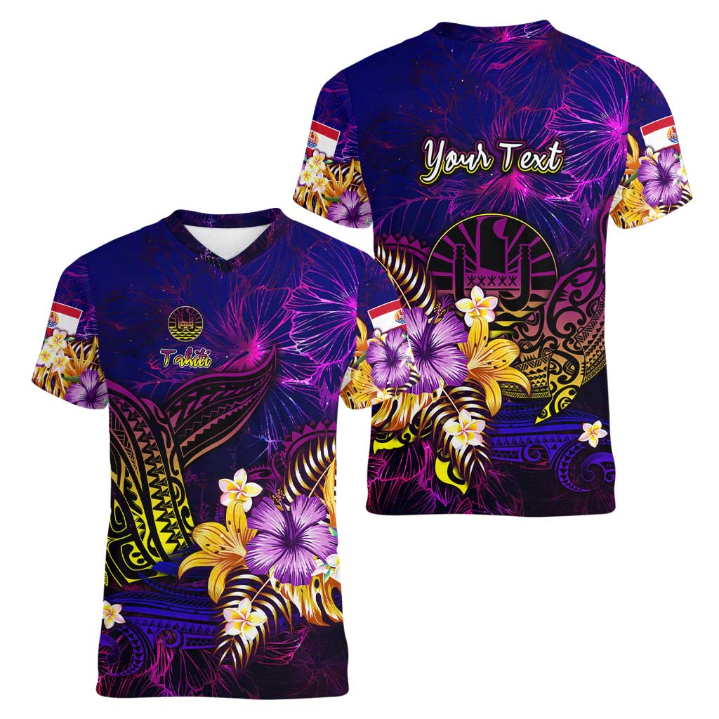 Tahiti French Polynesia Women V-Neck T-Shirt Whale Hibiscus Polynesian