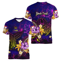 Tahiti French Polynesia Women V-Neck T-Shirt Whale Hibiscus Polynesian