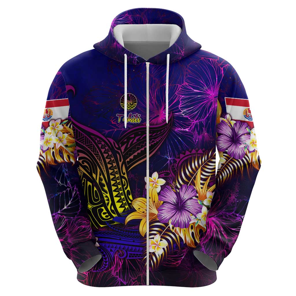 Tahiti French Polynesia Zip Hoodie Whale Hibiscus Polynesian