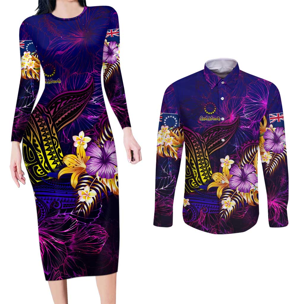 Cook Islands Couples Matching Long Sleeve Bodycon Dress and Long Sleeve Button Shirt Whale Hibiscus Polynesian DT02 Purple - Polynesian Pride