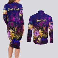 Cook Islands Couples Matching Long Sleeve Bodycon Dress and Long Sleeve Button Shirt Whale Hibiscus Polynesian DT02 - Polynesian Pride