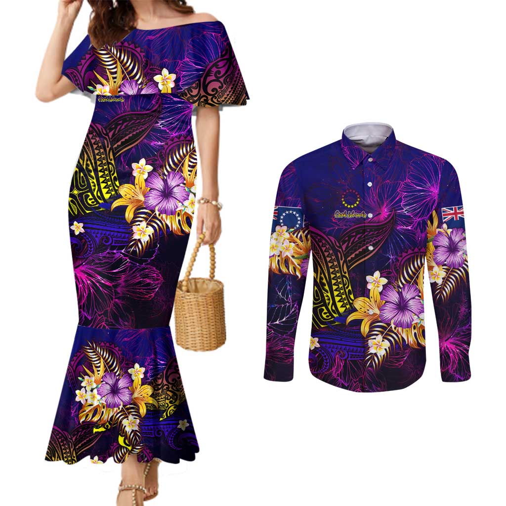 Cook Islands Couples Matching Mermaid Dress and Long Sleeve Button Shirt Whale Hibiscus Polynesian