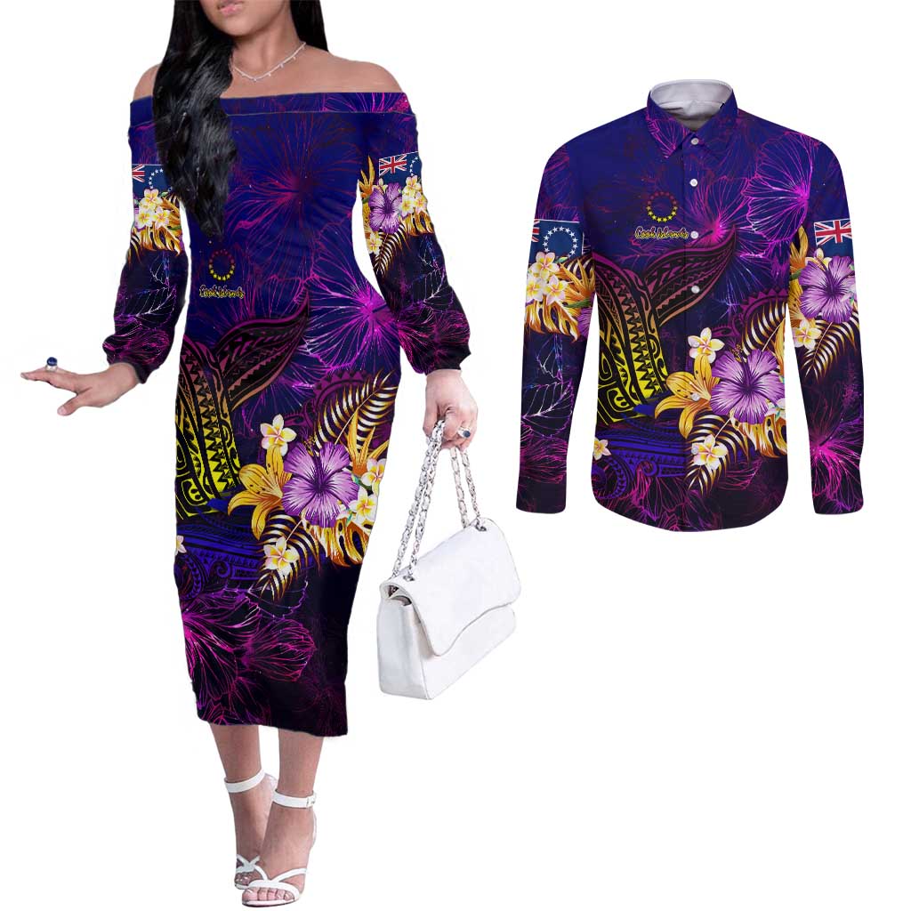 Cook Islands Couples Matching Off The Shoulder Long Sleeve Dress and Long Sleeve Button Shirt Whale Hibiscus Polynesian