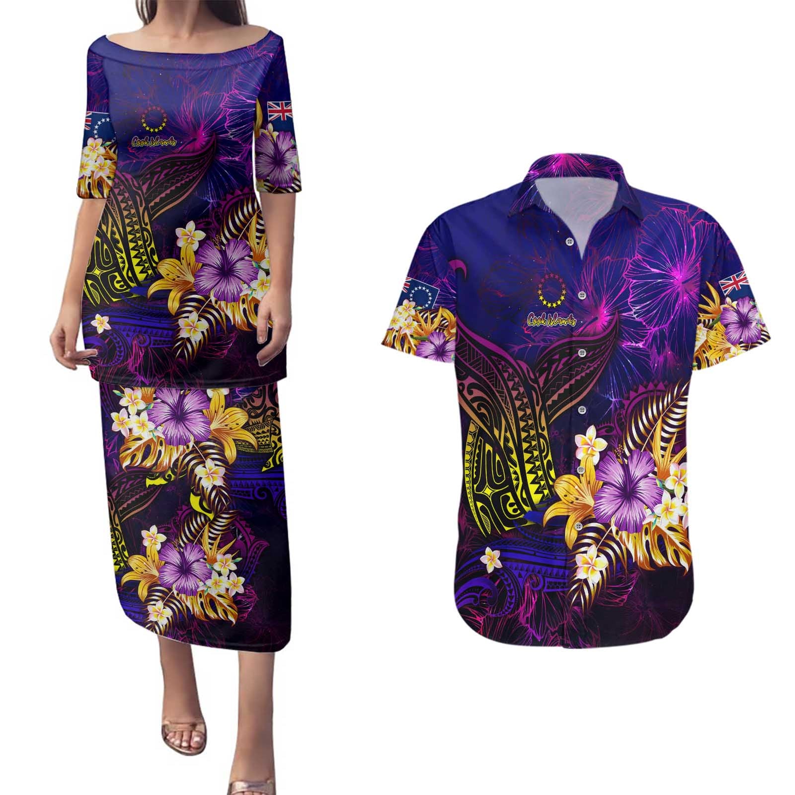 Cook Islands Couples Matching Puletasi and Hawaiian Shirt Whale Hibiscus Polynesian